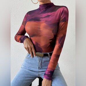 Tie Dye Mock Neck Mesh Top